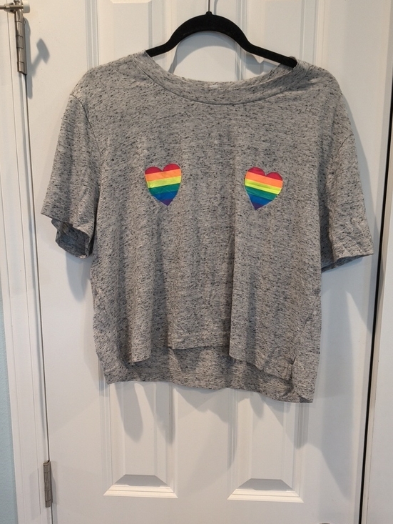 PINK Victoria's Secret Tops - PINK Victoria's Secret Heather Gray Cropped Tee with Rainbow Heart Patches